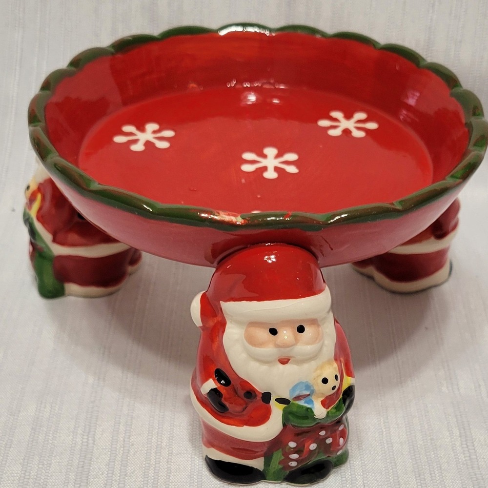 Vintage Christmas Santa Claus Ceramic Pedestal Candy Dish Candle Holder Red 5.5"